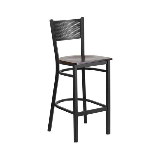 Black Grid Back Metal Restaurant Barstool - Walnut Wood Seat