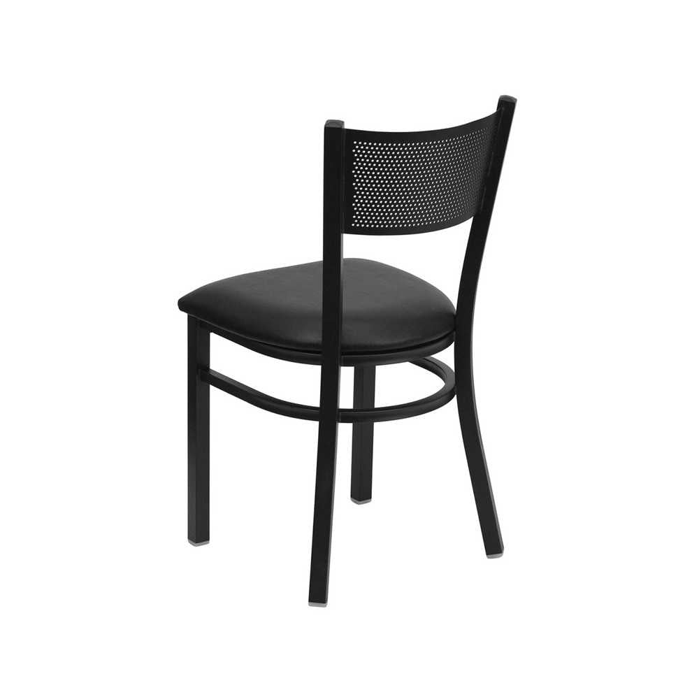Black Grid Back Metal Restaurant Chair - Black Vinyl Seat