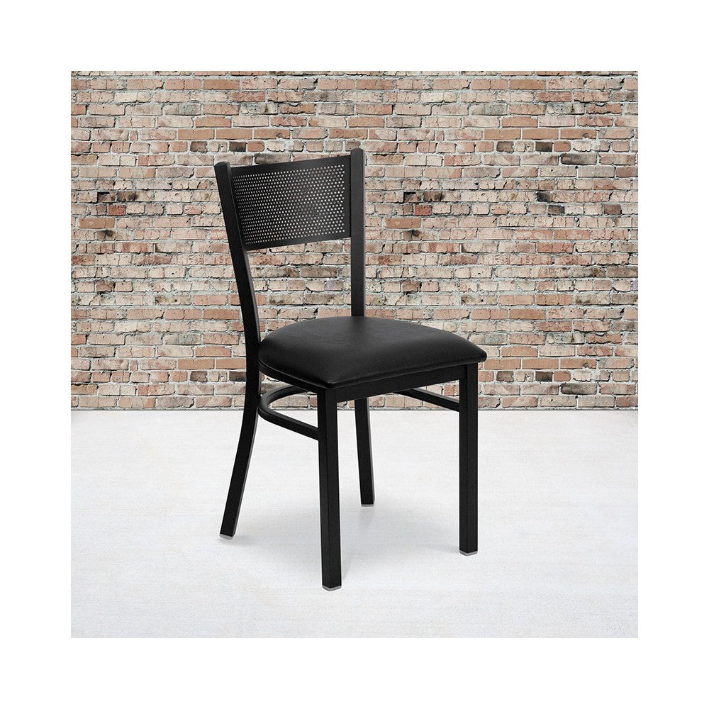 Black Grid Back Metal Restaurant Chair - Black Vinyl Seat