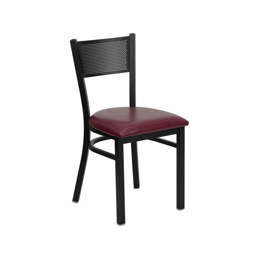 Black Grid Back Metal Restaurant Chair - Burgundy Vinyl Seat