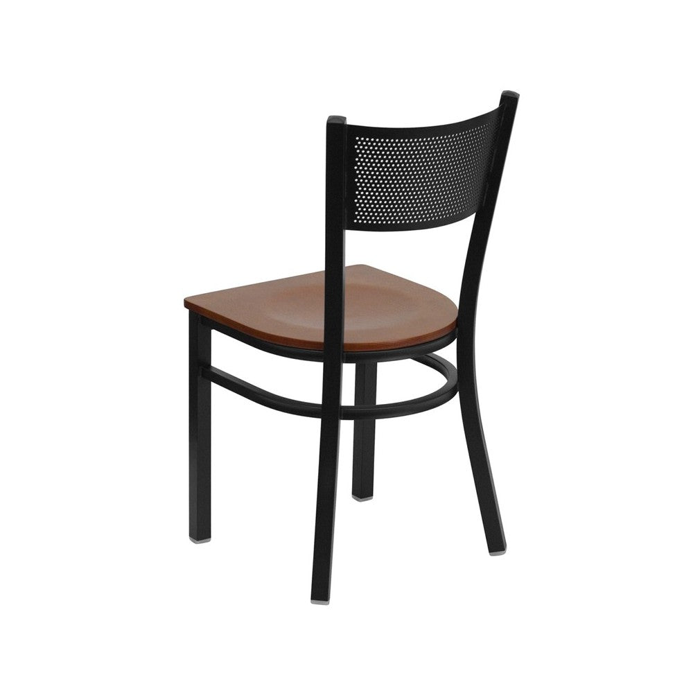 Black Grid Back Metal Restaurant Chair - Cherry Wood Seat