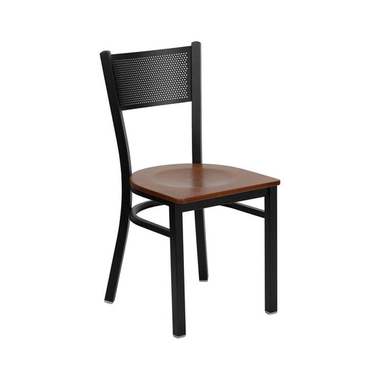 Black Grid Back Metal Restaurant Chair - Cherry Wood Seat