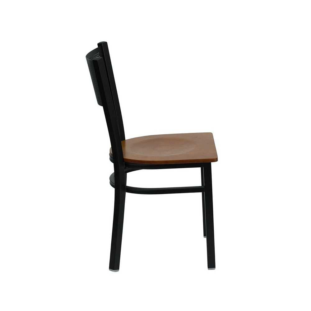 Black Grid Back Metal Restaurant Chair - Cherry Wood Seat