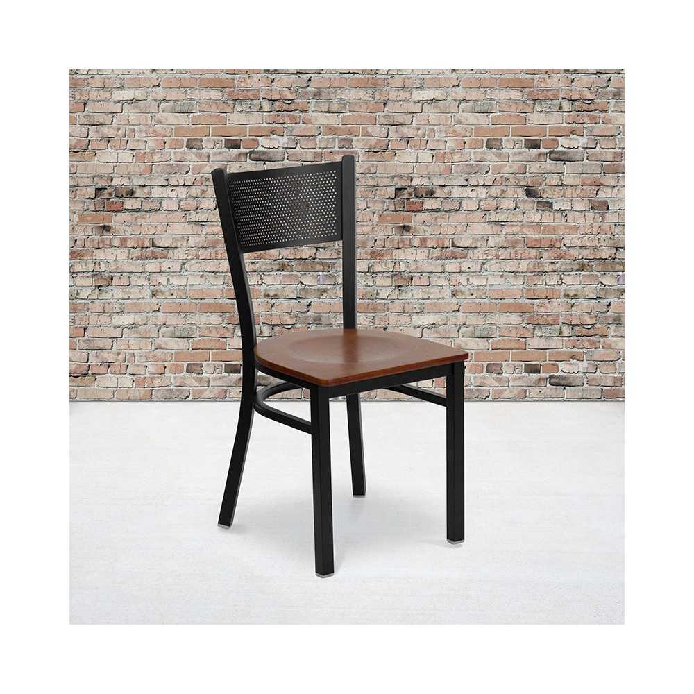 Black Grid Back Metal Restaurant Chair - Cherry Wood Seat