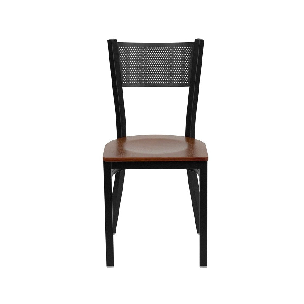 Black Grid Back Metal Restaurant Chair - Cherry Wood Seat