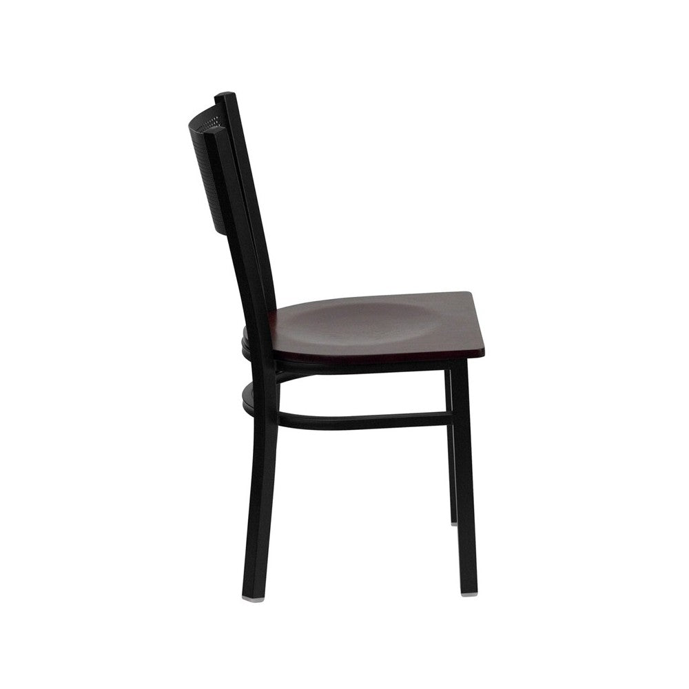 Black Grid Back Metal Restaurant Chair - Mahogany Wood Seat