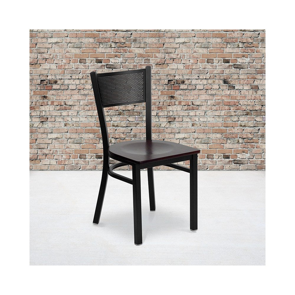 Black Grid Back Metal Restaurant Chair - Mahogany Wood Seat