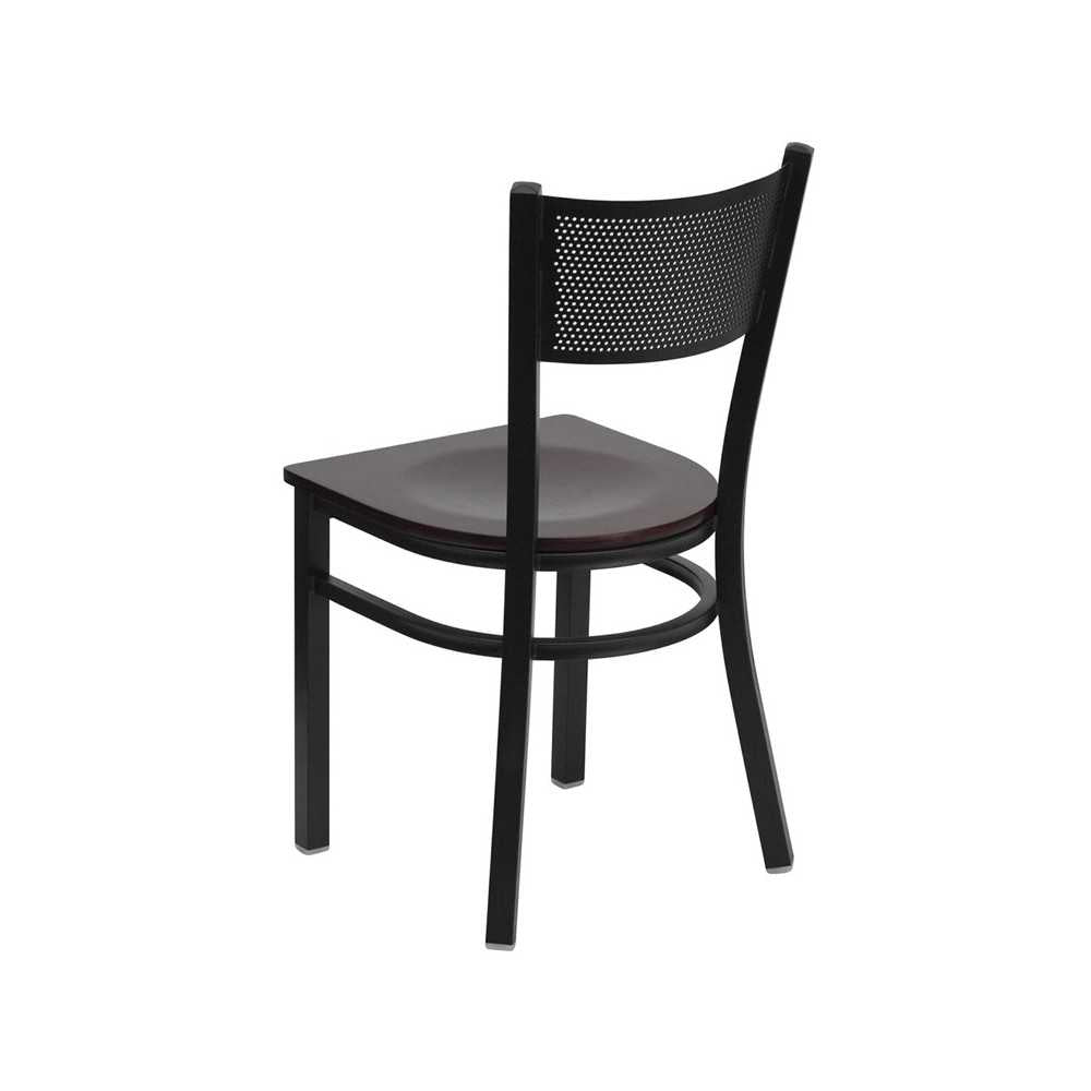 Black Grid Back Metal Restaurant Chair - Mahogany Wood Seat