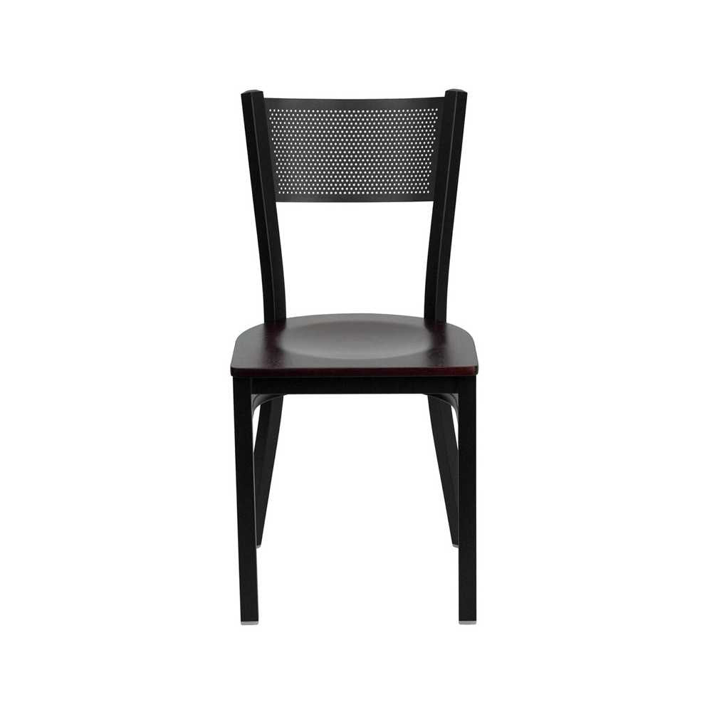 Black Grid Back Metal Restaurant Chair - Mahogany Wood Seat
