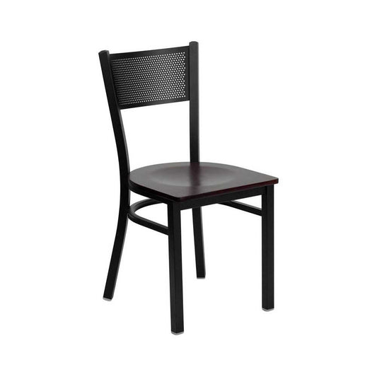 Black Grid Back Metal Restaurant Chair - Mahogany Wood Seat