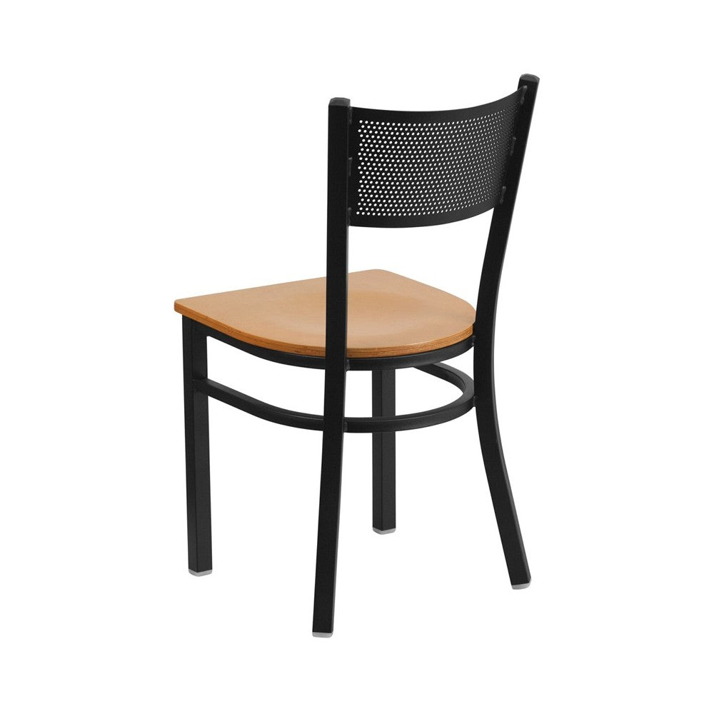 Black Grid Back Metal Restaurant Chair - Natural Wood Seat