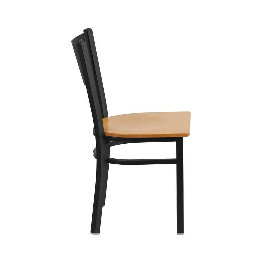 Black Grid Back Metal Restaurant Chair - Natural Wood Seat