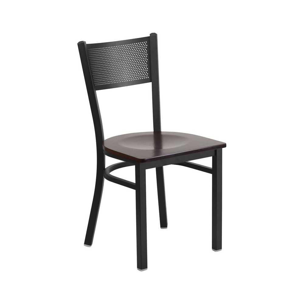 Black Grid Back Metal Restaurant Chair - Walnut Wood Seat