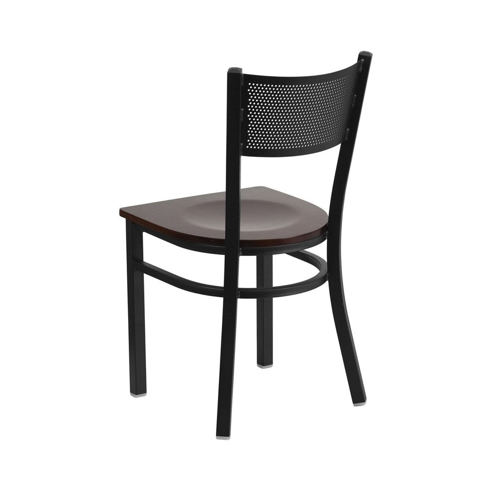 Black Grid Back Metal Restaurant Chair - Walnut Wood Seat