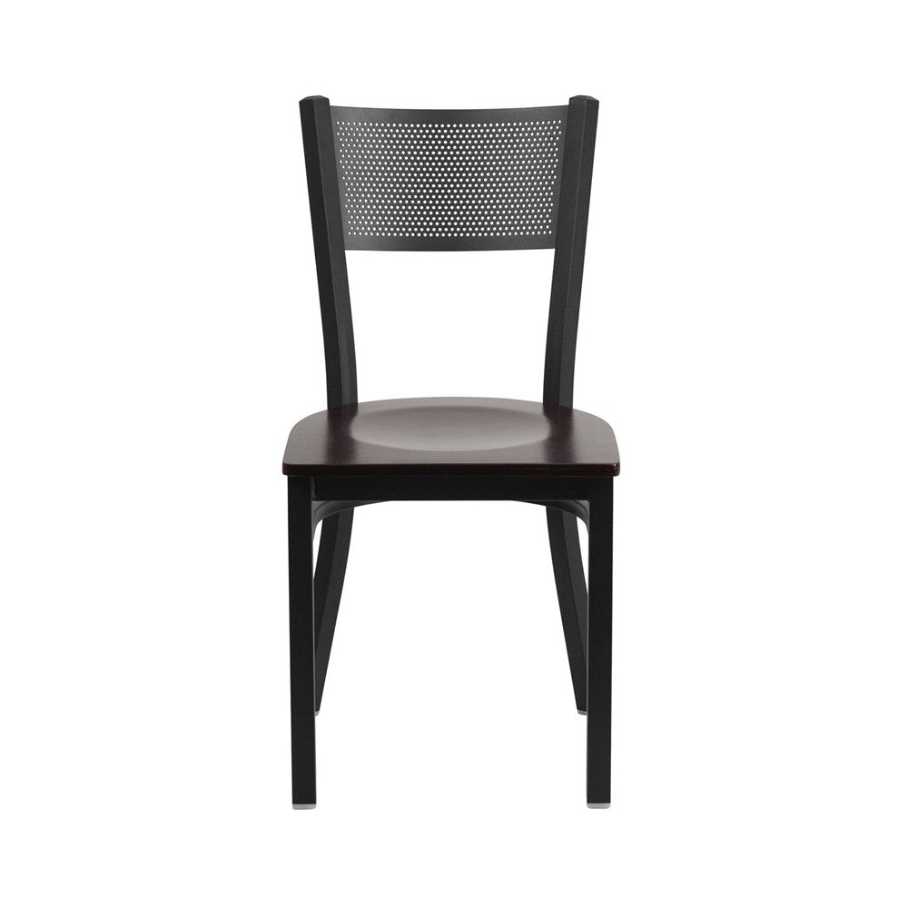 Black Grid Back Metal Restaurant Chair - Walnut Wood Seat