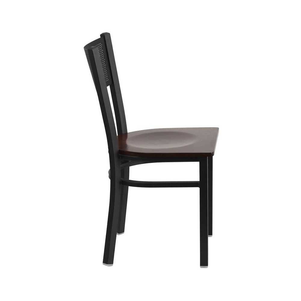 Black Grid Back Metal Restaurant Chair - Walnut Wood Seat