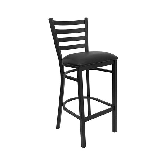 Black Ladder Back Metal Restaurant Barstool - Black Vinyl Seat