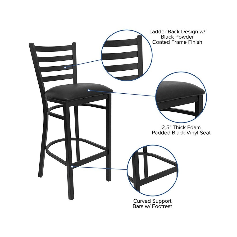 Black Ladder Back Metal Restaurant Barstool - Black Vinyl Seat
