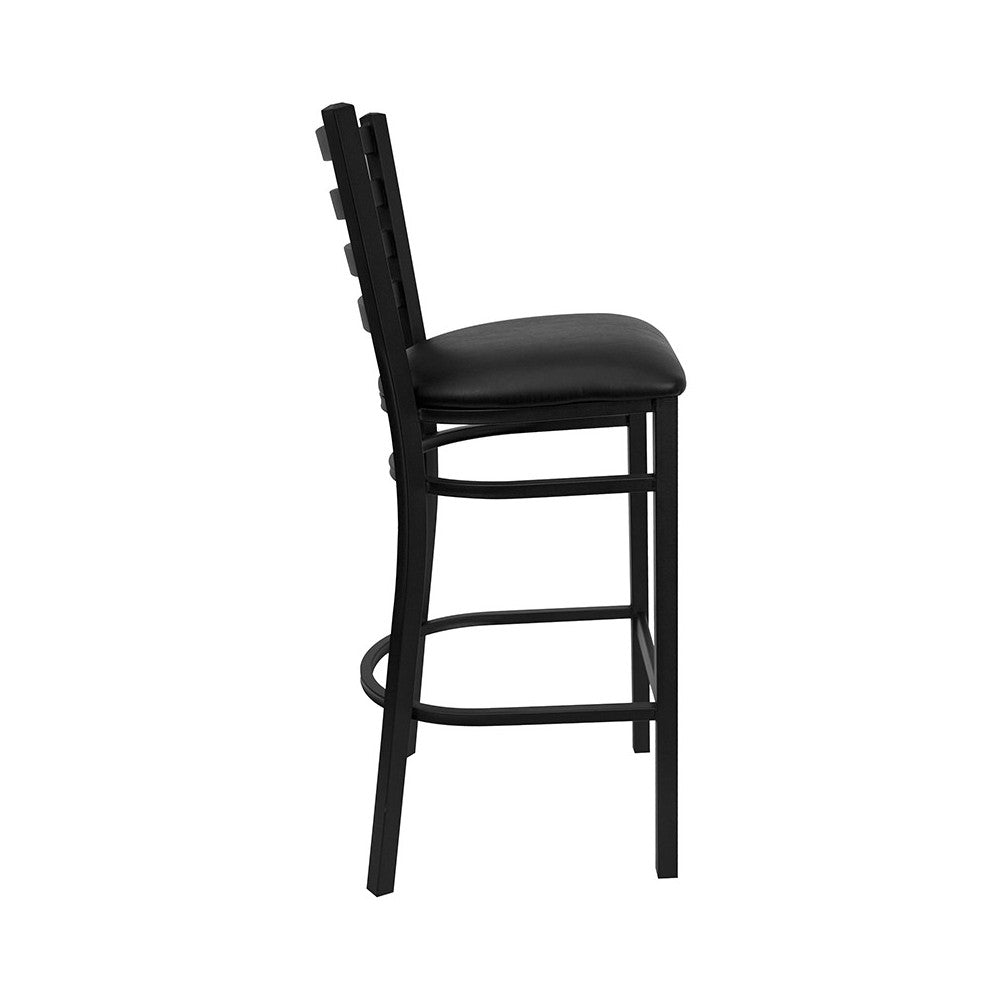 Black Ladder Back Metal Restaurant Barstool - Black Vinyl Seat