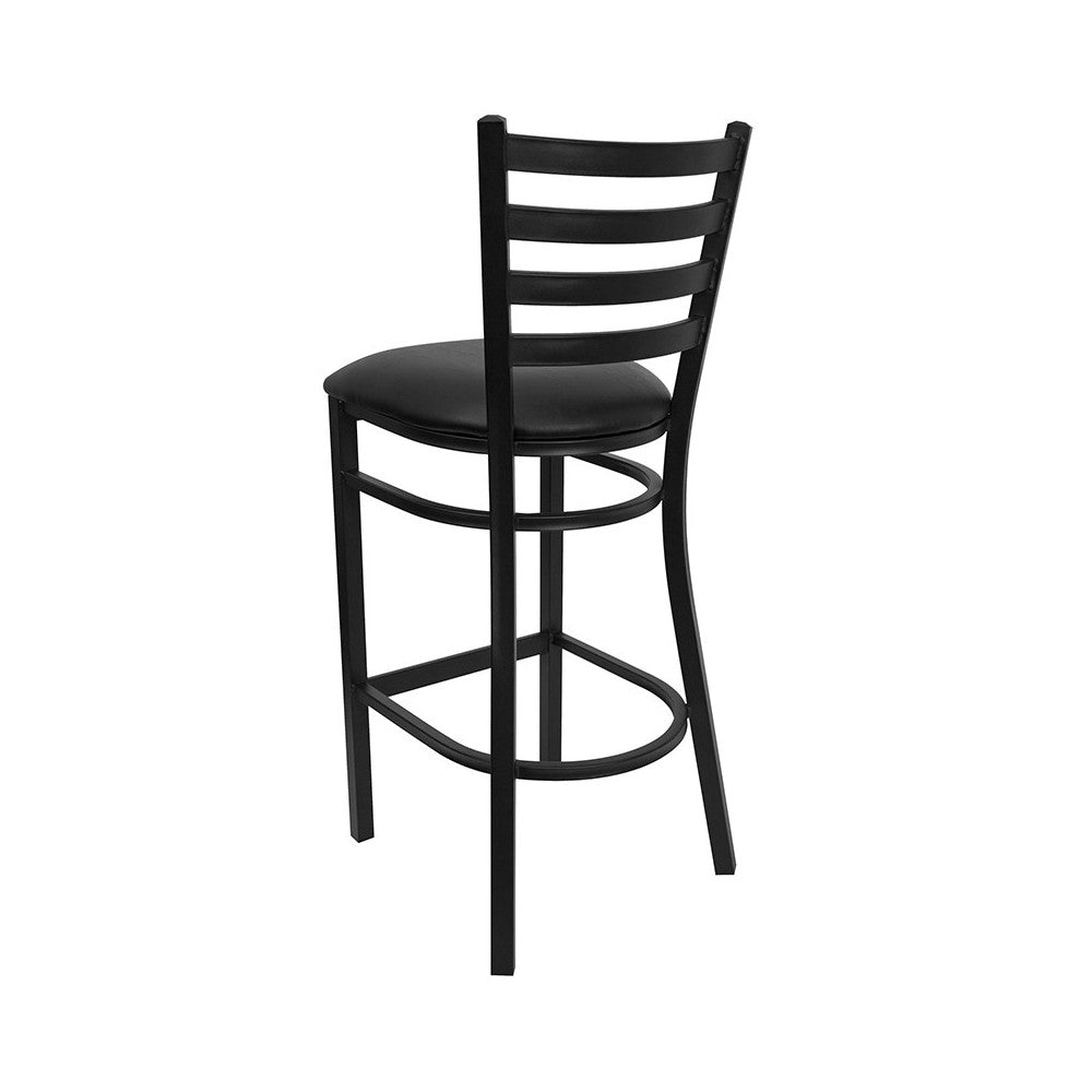 Black Ladder Back Metal Restaurant Barstool - Black Vinyl Seat