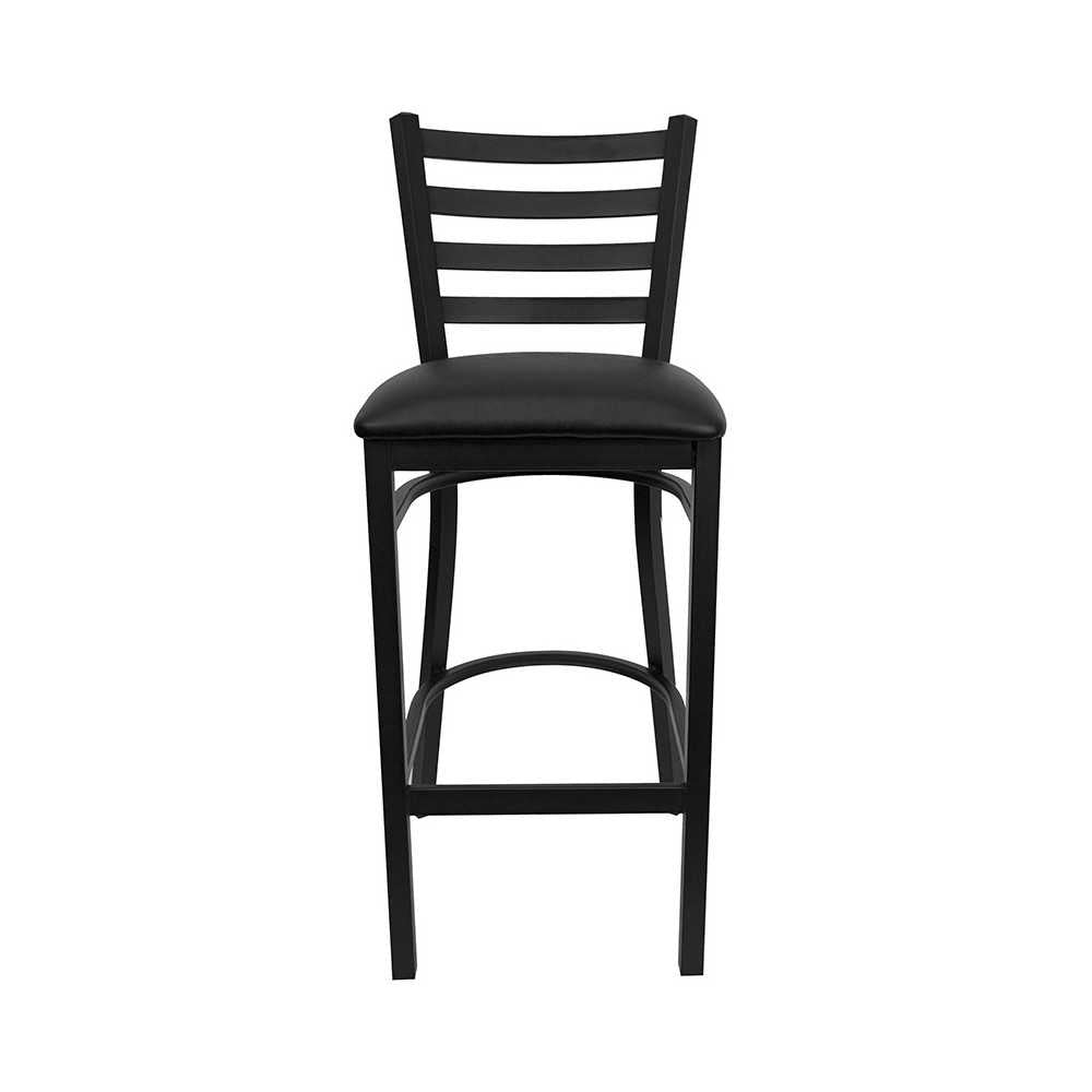 Black Ladder Back Metal Restaurant Barstool - Black Vinyl Seat