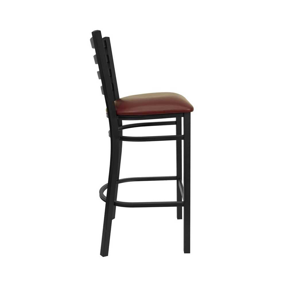 Black Ladder Back Metal Restaurant Barstool - Burgundy Vinyl Seat