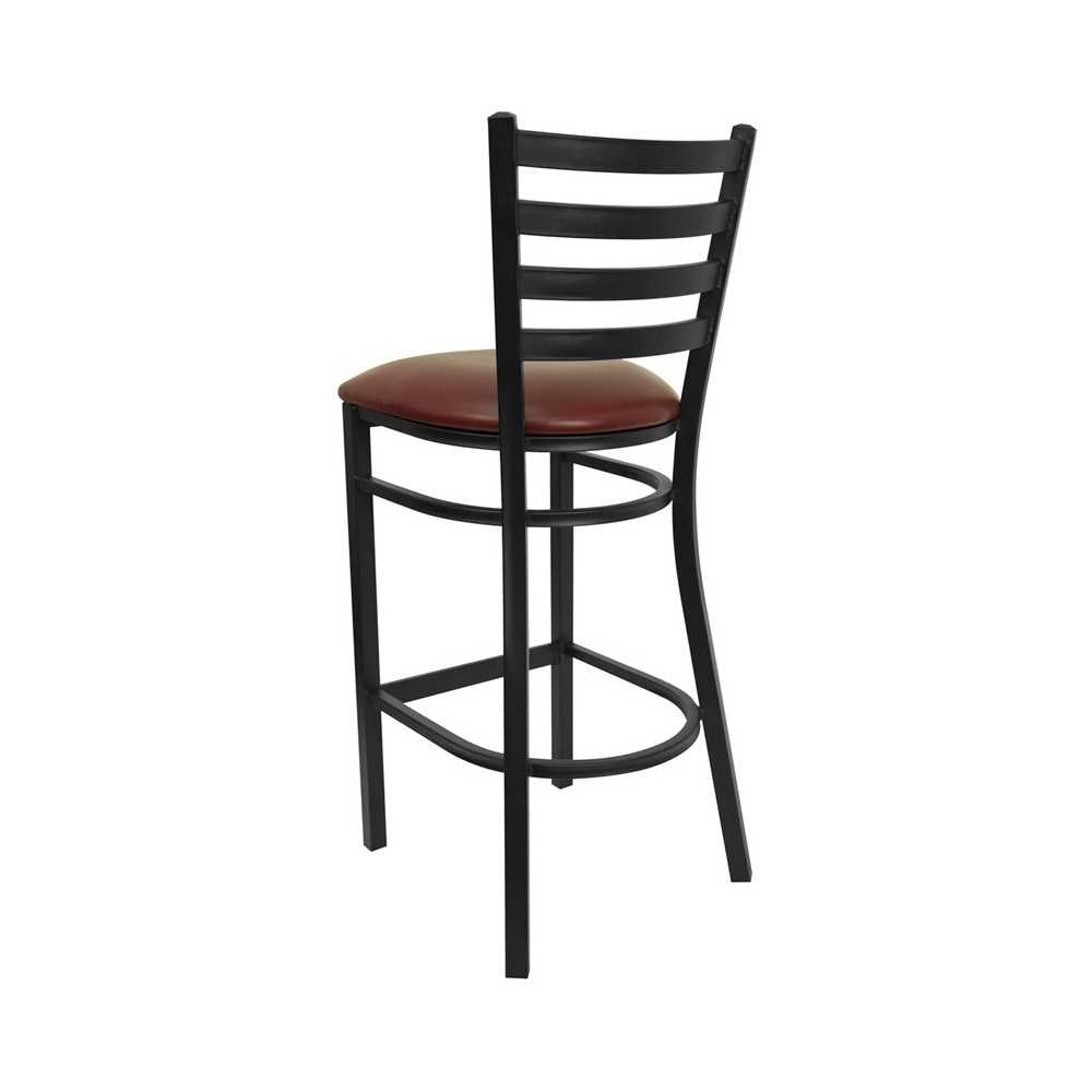 Black Ladder Back Metal Restaurant Barstool - Burgundy Vinyl Seat