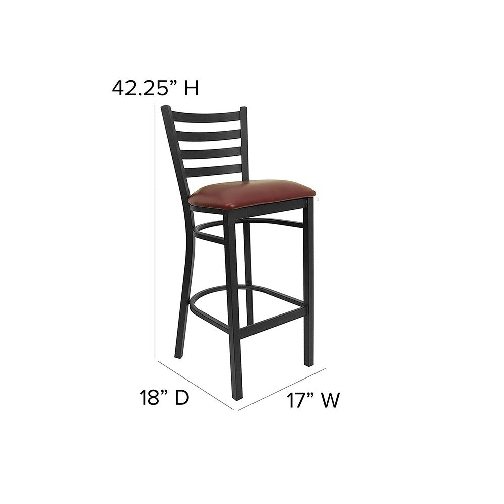 Black Ladder Back Metal Restaurant Barstool - Burgundy Vinyl Seat