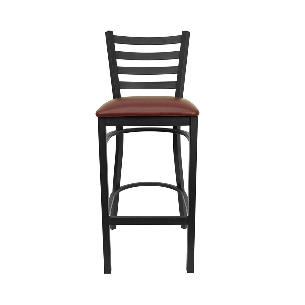 Black Ladder Back Metal Restaurant Barstool - Burgundy Vinyl Seat
