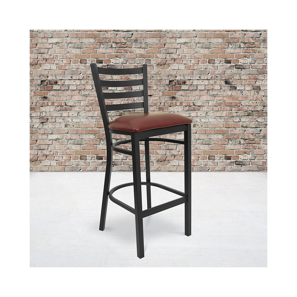 Black Ladder Back Metal Restaurant Barstool - Burgundy Vinyl Seat