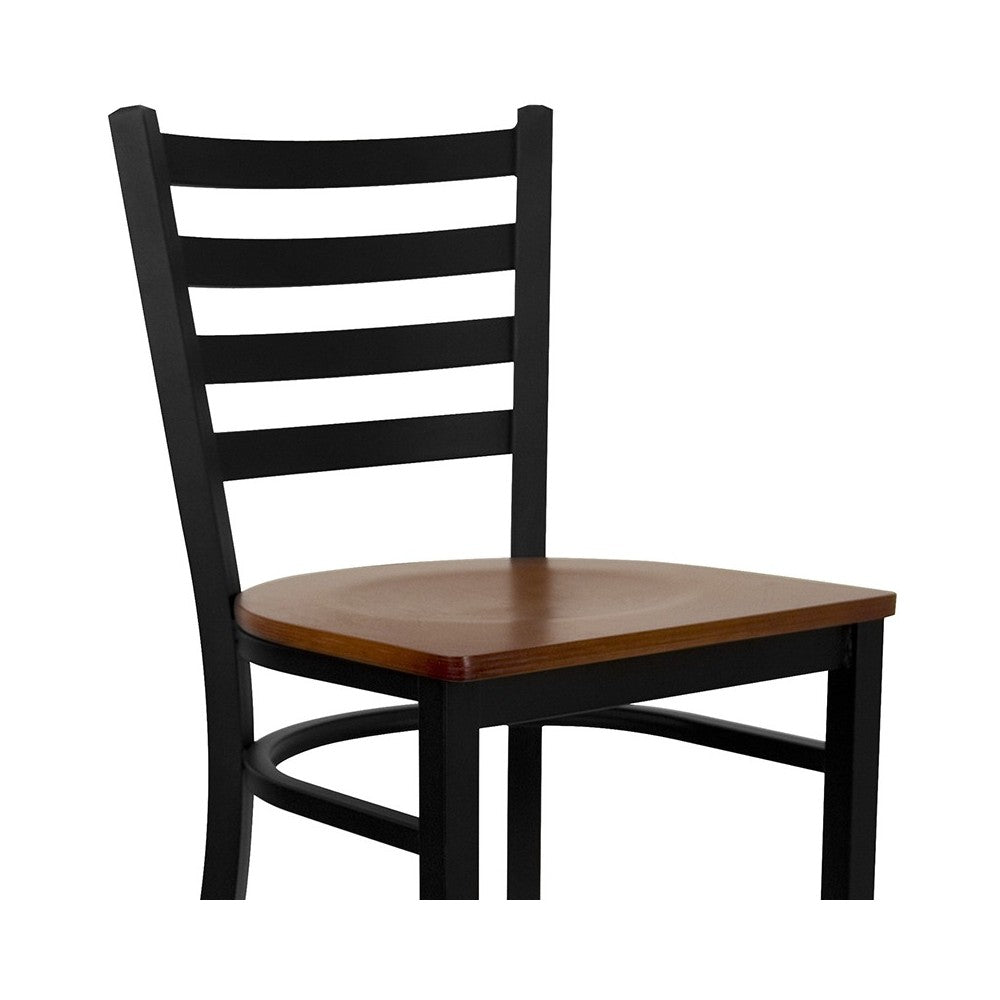 Black Ladder Back Metal Restaurant Barstool - Cherry Wood Seat