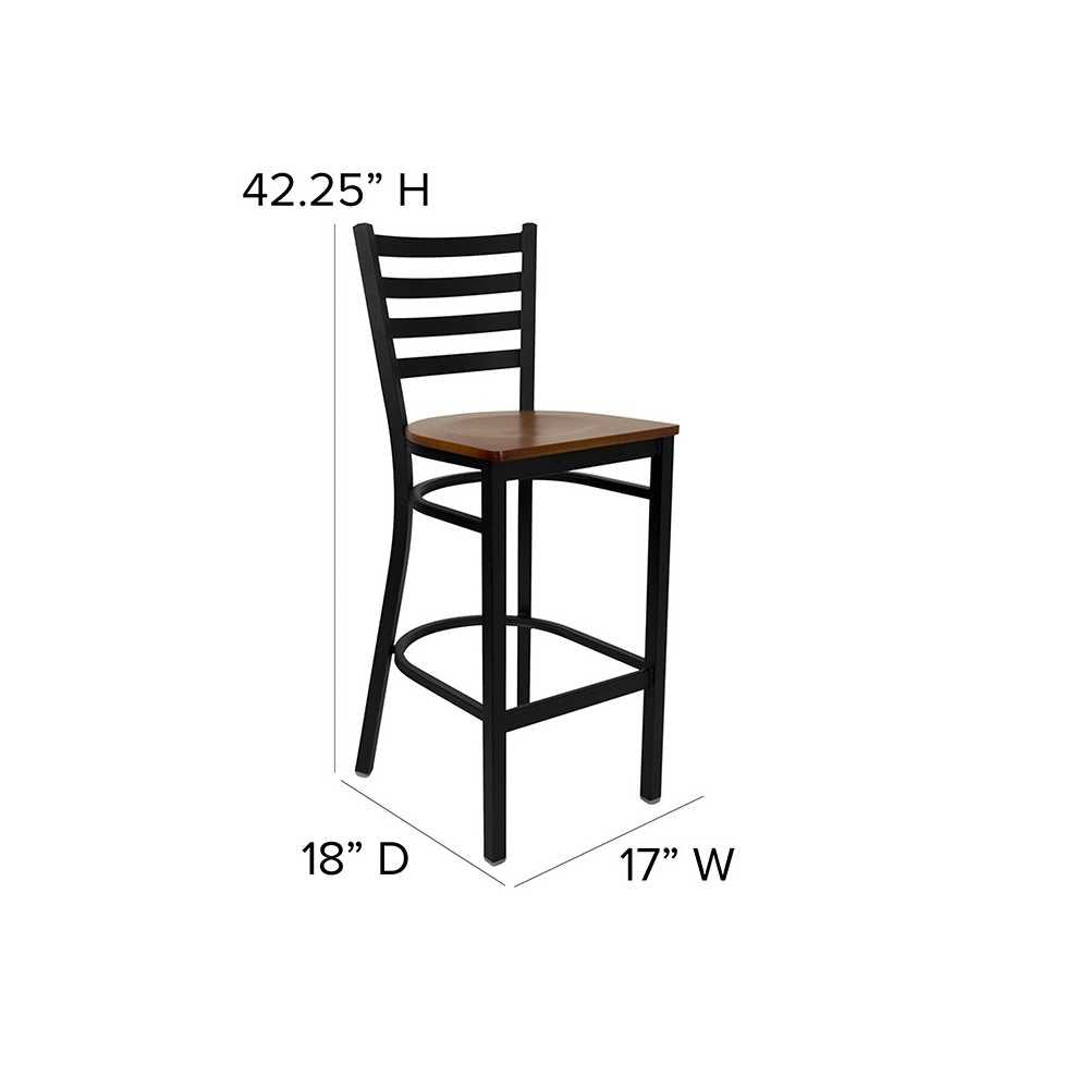 Black Ladder Back Metal Restaurant Barstool - Cherry Wood Seat