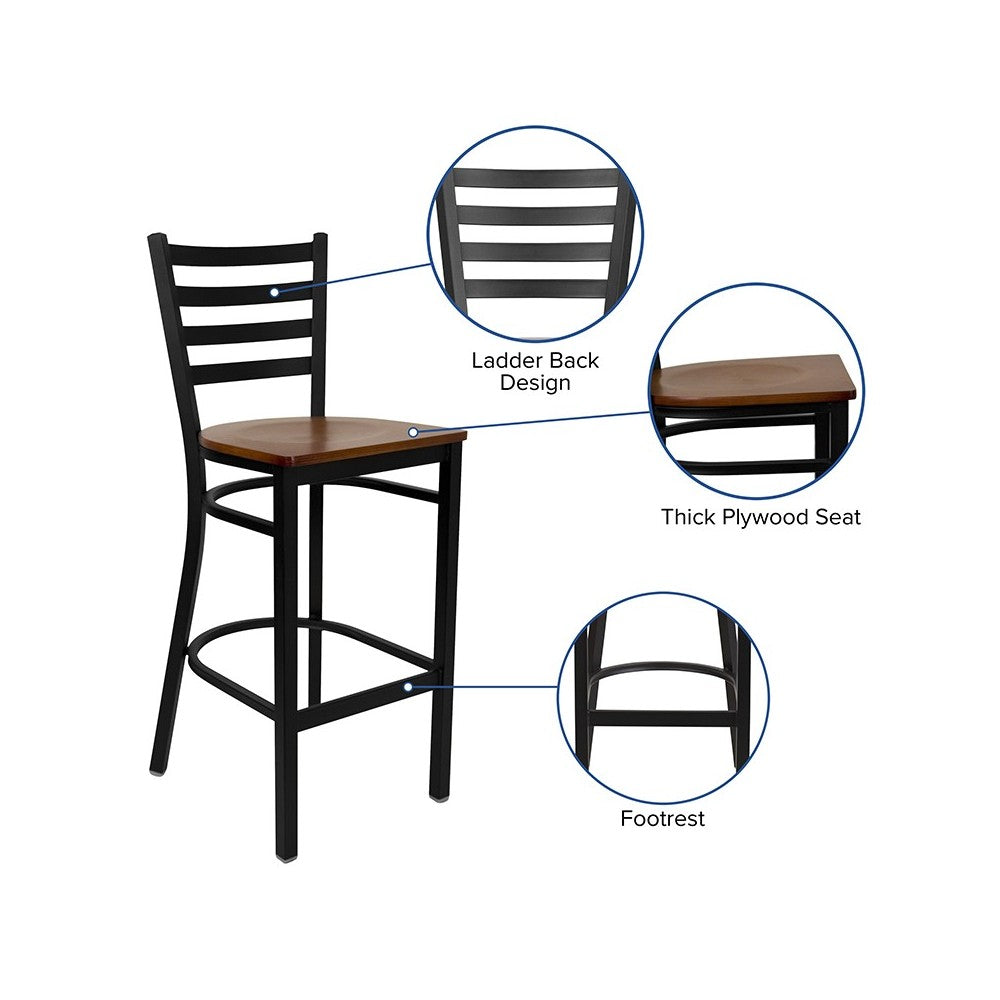 Black Ladder Back Metal Restaurant Barstool - Cherry Wood Seat