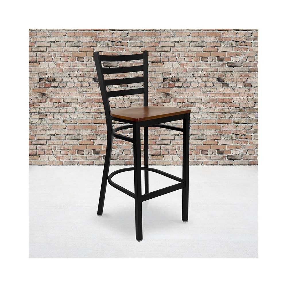 Black Ladder Back Metal Restaurant Barstool - Cherry Wood Seat