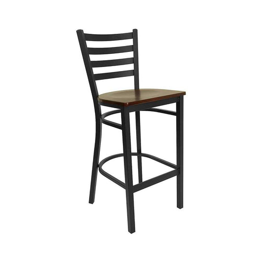Black Ladder Back Metal Restaurant Barstool - Mahogany Wood Seat