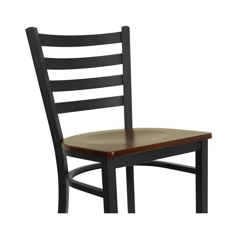 Black Ladder Back Metal Restaurant Barstool - Mahogany Wood Seat