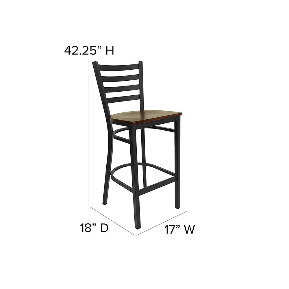 Black Ladder Back Metal Restaurant Barstool - Mahogany Wood Seat