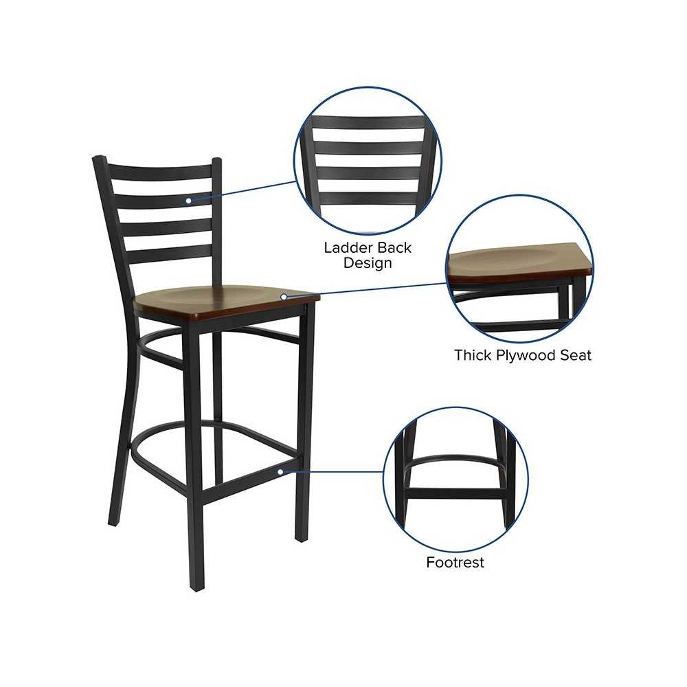 Black Ladder Back Metal Restaurant Barstool - Mahogany Wood Seat