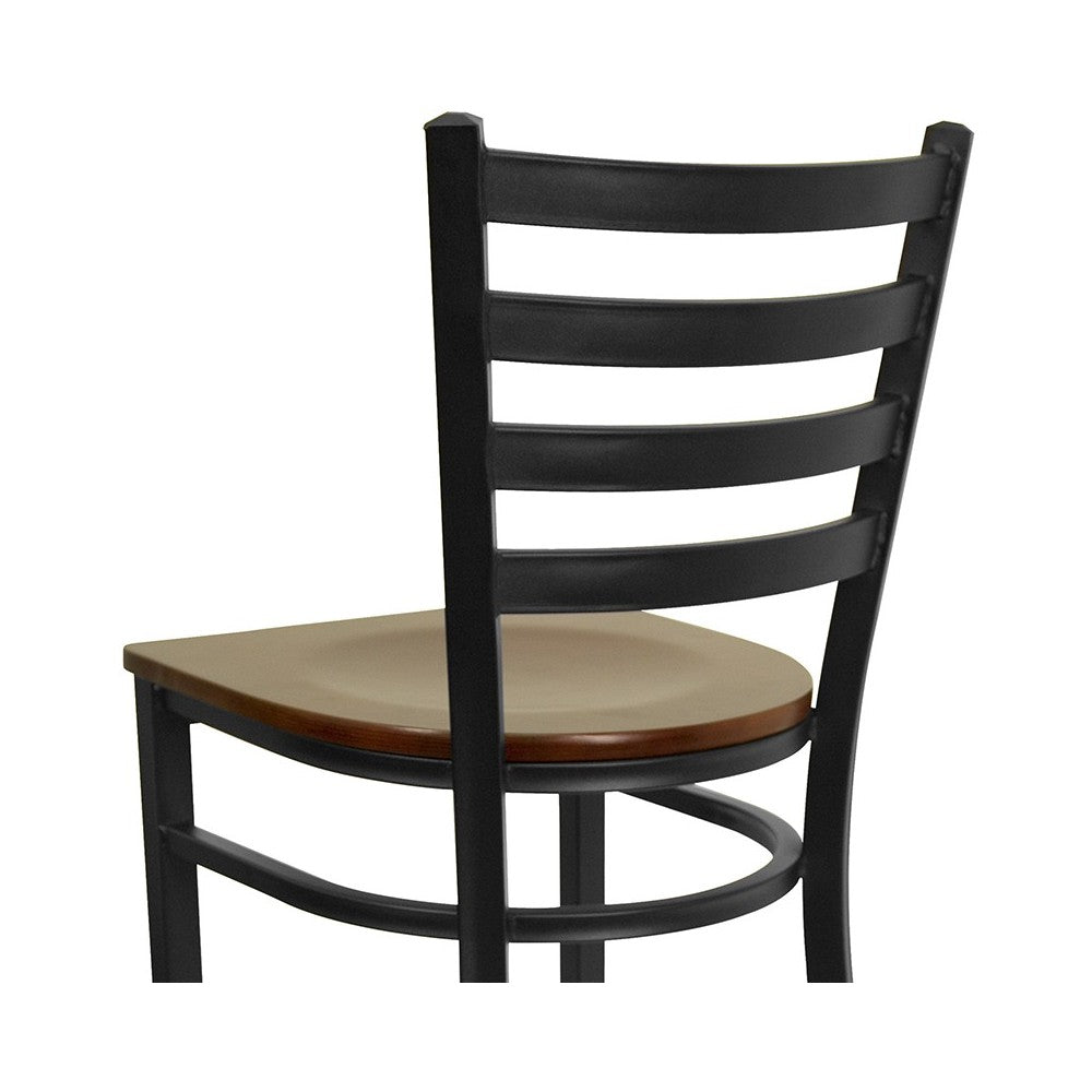 Black Ladder Back Metal Restaurant Barstool - Mahogany Wood Seat