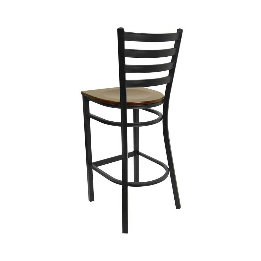Black Ladder Back Metal Restaurant Barstool - Mahogany Wood Seat