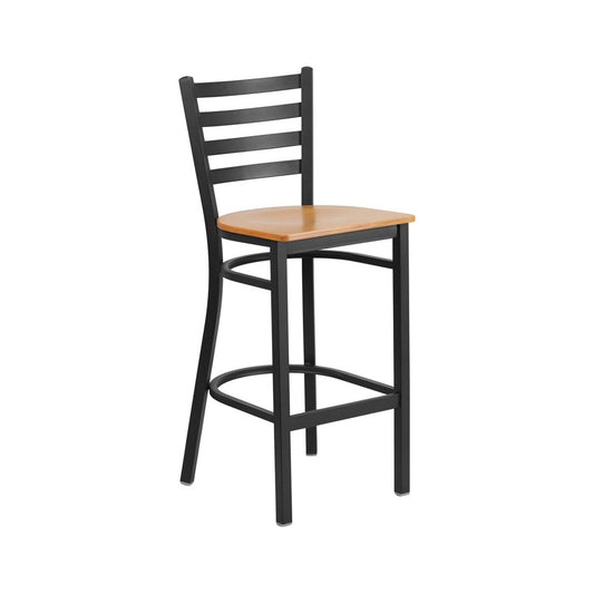 Black Ladder Back Metal Restaurant Barstool - Natural Wood Seat