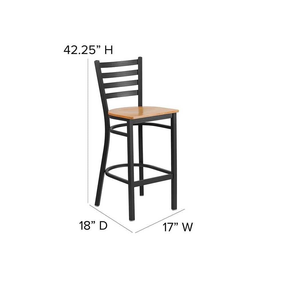 Black Ladder Back Metal Restaurant Barstool - Natural Wood Seat