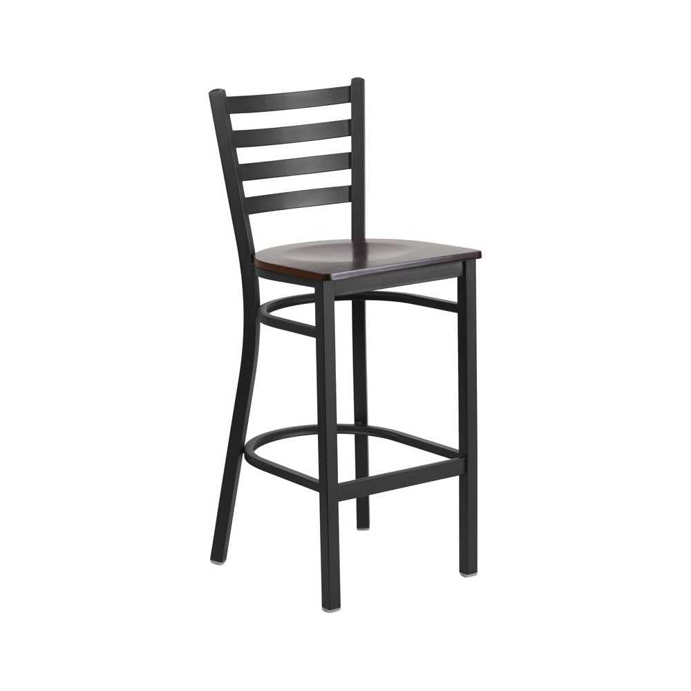 Black Ladder Back Metal Restaurant Barstool - Walnut Wood Seat