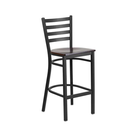 Black Ladder Back Metal Restaurant Barstool - Walnut Wood Seat