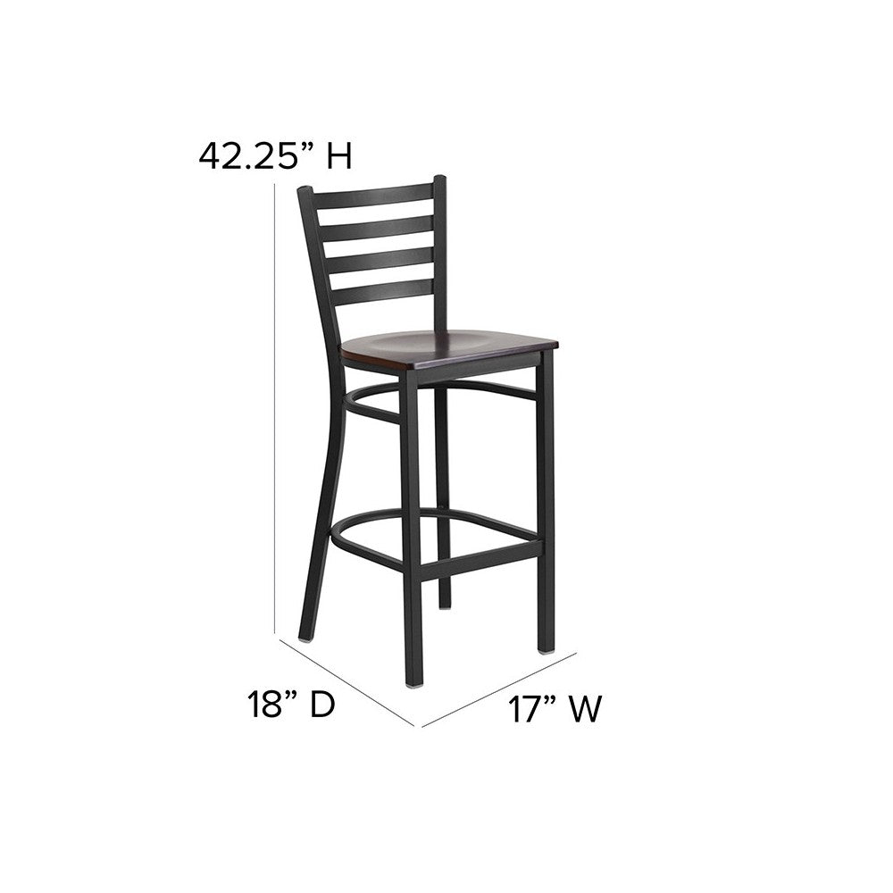 Black Ladder Back Metal Restaurant Barstool - Walnut Wood Seat