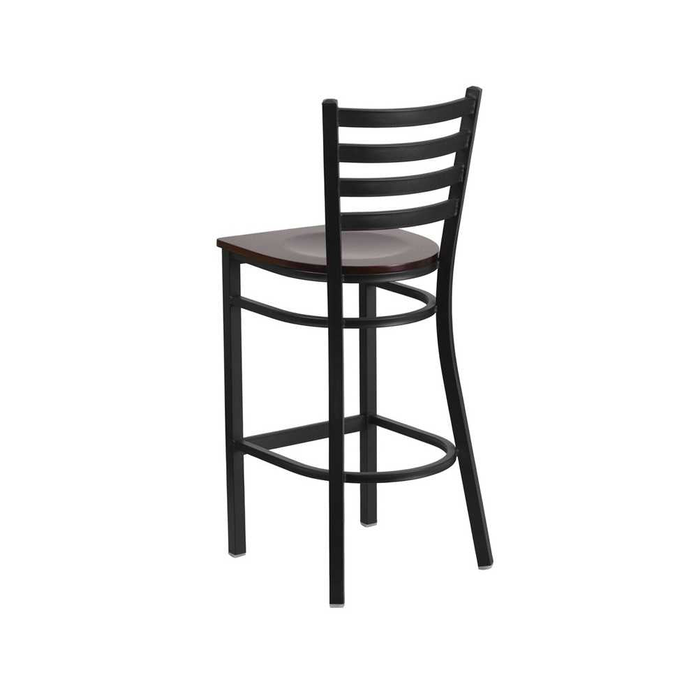 Black Ladder Back Metal Restaurant Barstool - Walnut Wood Seat