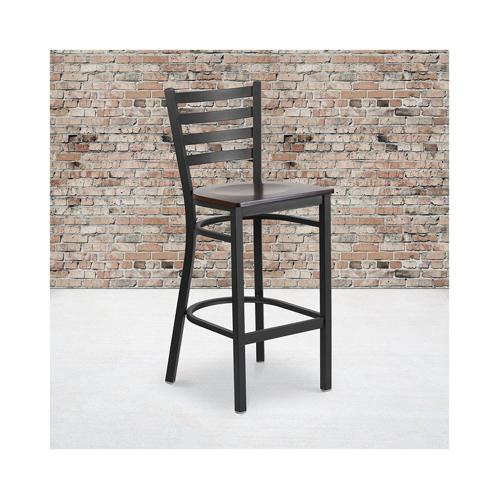 Black Ladder Back Metal Restaurant Barstool - Walnut Wood Seat