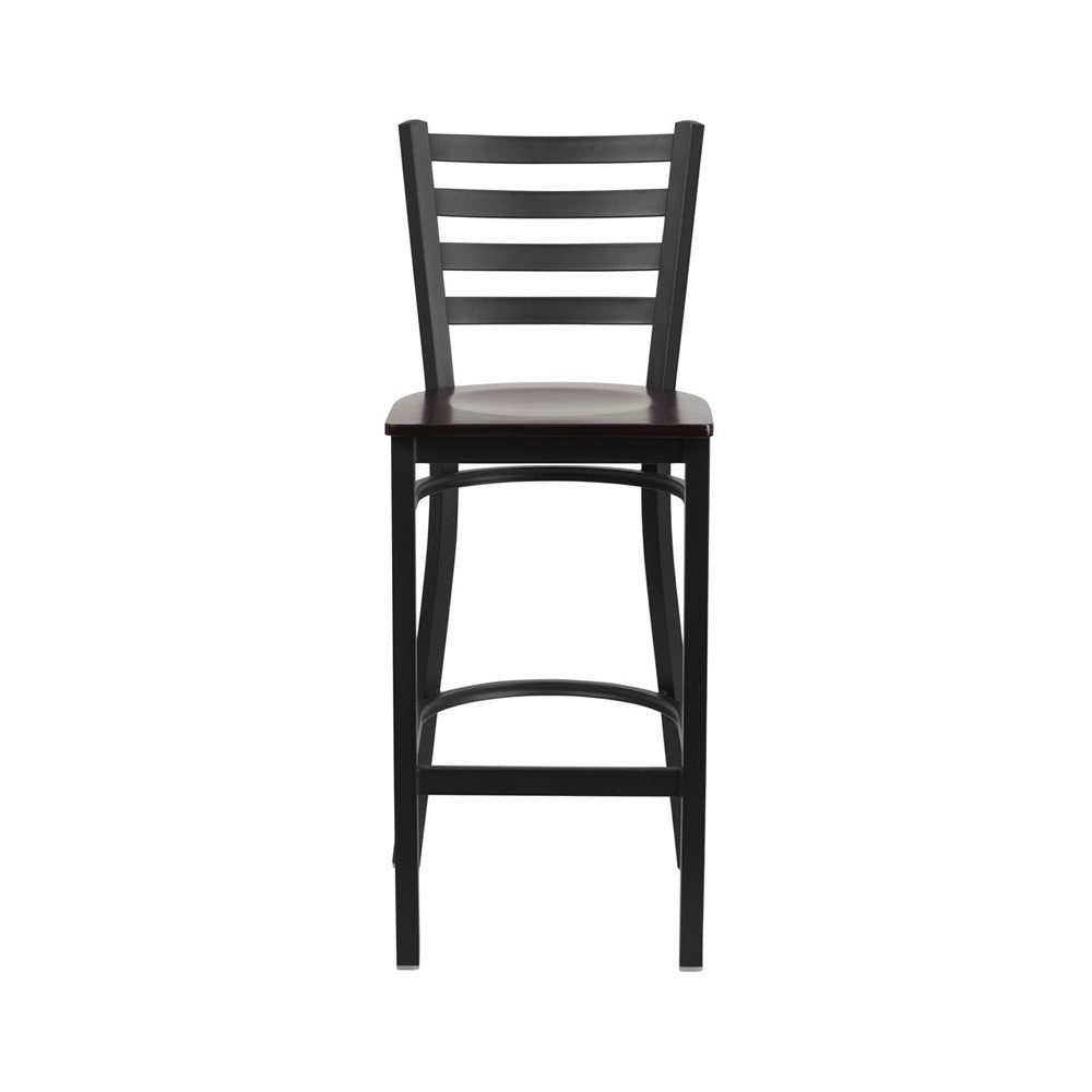 Black Ladder Back Metal Restaurant Barstool - Walnut Wood Seat