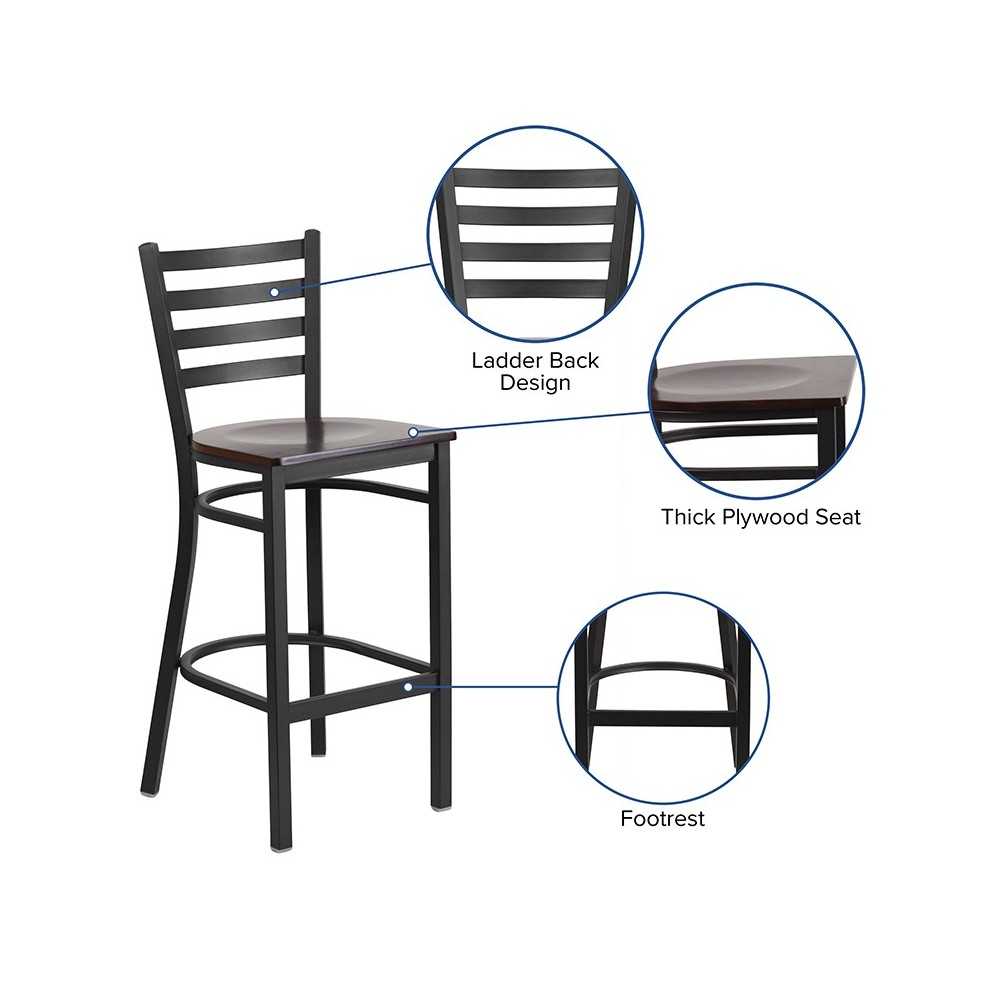 Black Ladder Back Metal Restaurant Barstool - Walnut Wood Seat