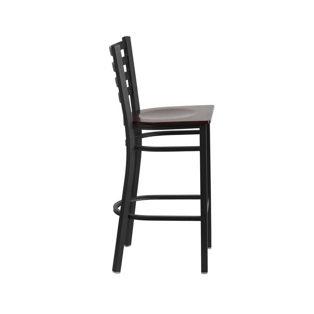Black Ladder Back Metal Restaurant Barstool - Walnut Wood Seat